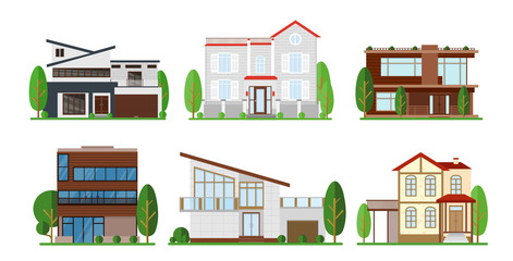 Vector illustration set of home exterior design. Modern apartment, cottage, building concept cottage in flat design.