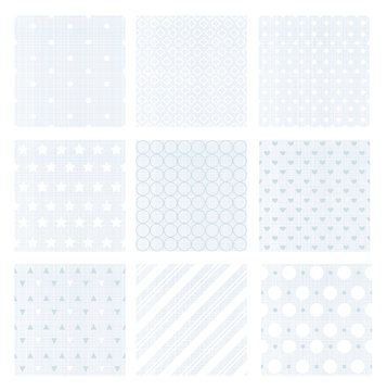 Vector illustration set of nine gentle faded blue retro seamless patterns on linen background. © Natalia