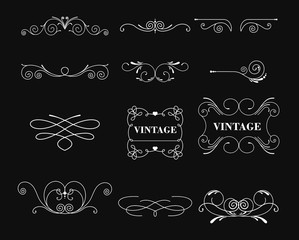 Vector illustration set of white color vintage decor elements and wicker lines on black background. Calligraphic design elements for greeting cards.