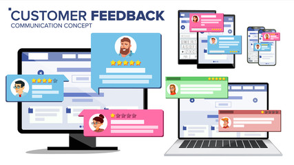 Customer Review Page On Computer Monitor, Laptop, Tablet, Mobile Phone Vector. Client Testimonials. Website Rating Feedback And Review Concept. Isolated Flat Illustration