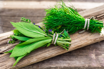 Bunch of spices and flavor on wooden table