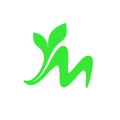 Shiny green letter m with two leaves
