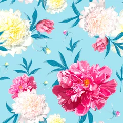 Poster Seamless pattern with pink and light yellow Peonies flowers on a blue background. Hand drawn sketch. Template for floral textile design, paper, wallpaper, web. Spring and summer composition © ledelena