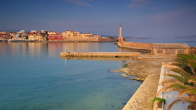 Architecture of the Venetian port in Chania at dawn, Crete. Greece