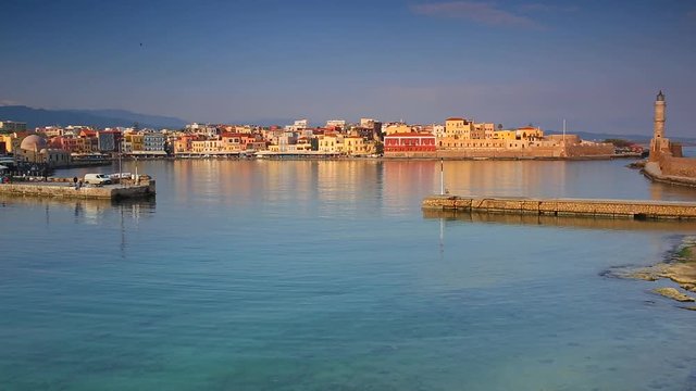 Architecture of the Venetian port in Chania at dawn, Crete. Greece