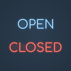 Open and closed glowing neon sign. Vector illustration.