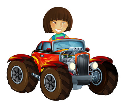 happy cartoon scene with child - girl - in hot rod cabriolet - illustration for children