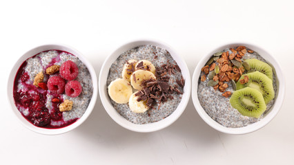 assorted chia pudding and fruits