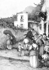 Der Landarzt auf einem Esel unterwegs im Dorf