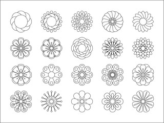 Monochrome floral icon set of 20 silhouette flowers Isolated on white background. Stylized summer or spring flowers, floral design elements. Vector illustration