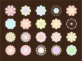 Vector illustration stylized bright summer or spring flowers in style of 70's. Blooming colored icon set, floral design elements.