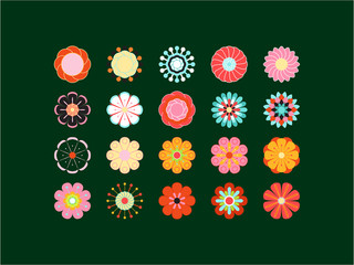 Blooming colored icon set. Stylized bright summer or spring flowers, floral design elements. Vector illustration in style of 70's