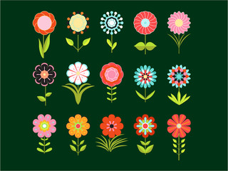 A set of different stylized flowers with various leaves in the style of the 70's. Vector illustration. Blooming colored icon set, floral design elements.