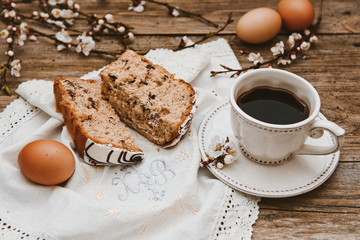 spring, easter eggs buns coffee bread wooden background