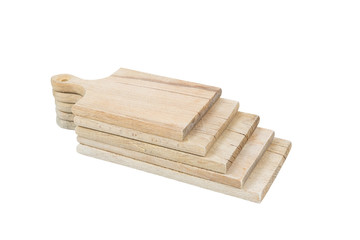 Set of used brown wooden cutting boards stack on each other isolated on white background. Path saved, clipping path
