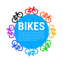 Multicolored Bicycle Icons and Blue Circle Background. Vector Illustration