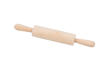 Short wooden rolling pin isolated on white background. Kitchen accessory and equipment. Path saved, clipping path