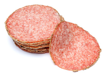 Italian Salami or spanish chorizo on white background