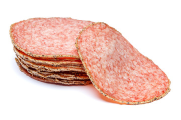Italian Salami or spanish chorizo on white background