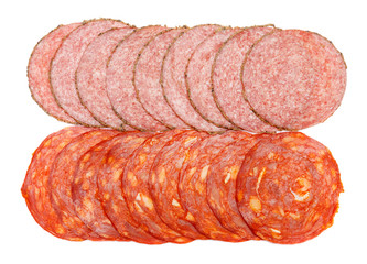 Italian Salami or spanish chorizo on white background
