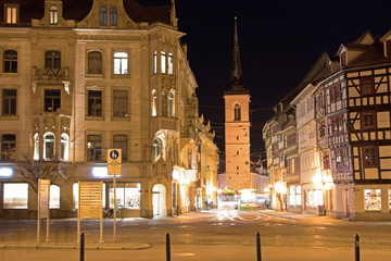 Fototapeta na wymiar Erfurt marktstraße at night with tram