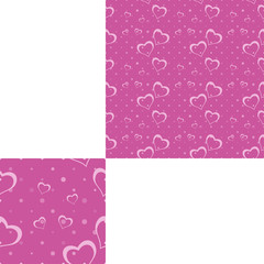 Dark pink seamless pattern with light silhouettes of heart and dots for holidays and packaging.