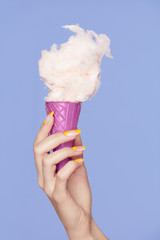 Nail Art. Hands With Colorful Nails And Cotton Sugar Ice Cream
