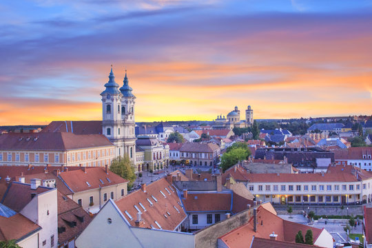Beautiful view of the Minorit church and the panorama of the city of Eger, Hungary, at sunset