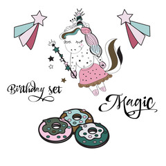 Magical time card set. Card, label and poster for printing. Magic illustration with unicorn and different elements of fairy tales. Poster for children bedroom. Invitation for kids party.