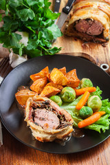 Pork tenderloin in wellington style in puff pastry