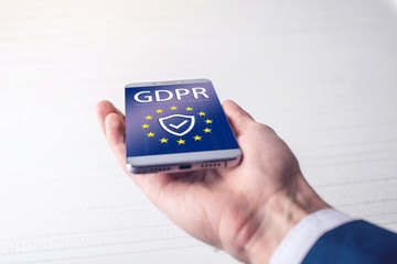 General Data Protection Regulation GDPR . The text with the EU flag depicted on tablet