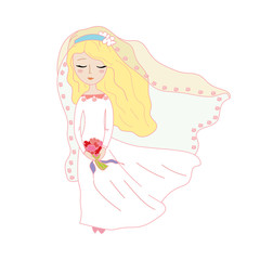 Bride in white wedding dress with bouquet of flowers