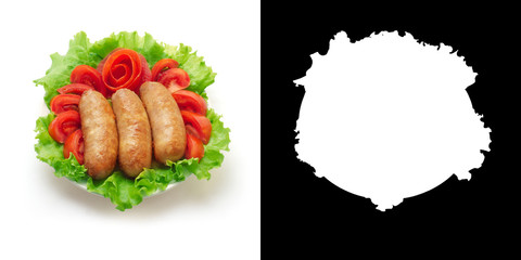 Boiled big sausages with tomato and green salad. Isolated on white background. Clipping path.
