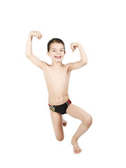 Fototapeta na wymiar Happy little boy triumphing with raised hands, on a light background