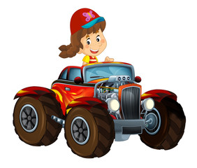 happy cartoon scene with child - girl - in hot rod cabriolet - illustration for children © honeyflavour