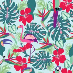 Tropical plants and flowers with toucan, parrot, flamingo birds exoti