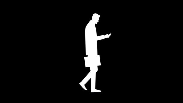silhouette of a man in a business suit with a briefcase that pulls out the phone and talks. white silhouette on black background. animation 4k