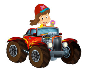 happy cartoon scene with child - girl - in hot rod cabriolet - illustration for children © honeyflavour