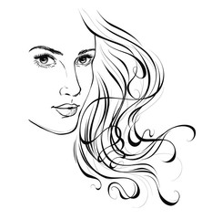Graphic portrait of a young pretty girl with beautiful hair. Vector illustration
