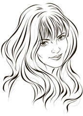 Graphic portrait of a young smiling girl with beautiful hair. Vector illustration