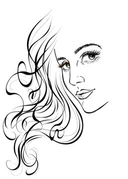 Graphic portrait of a young pretty girl with big eyes and beautiful hair. Vector illustration