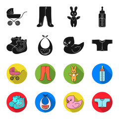 Socks, bib, toy duck, raspashonka.Baby born set collection icons in black,flet style vector symbol stock illustration web. © pandavector