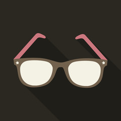 Sunglasses icon with long shadow. Flat design style. Sunglasses silhouette. Simple icon. Modern flat icon in stylish colors. Web site page and mobile app design element.