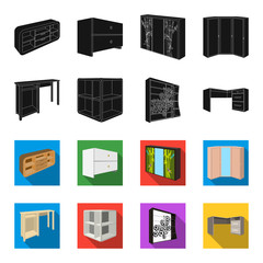 Dressing table, corner shelves, computer desk, wardrobe with glass. Bedroom furniture set collection icons in black,flet style vector symbol stock illustration web. © pandavector