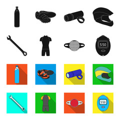 A wrench, a bicyclist bone, a reflector, a timer.Cyclist outfit set collection icons in black,flet style vector symbol stock illustration web. © pandavector