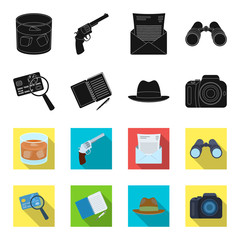 Camera, magnifier, hat, notebook with pen.Detective set collection icons in black,flet style vector symbol stock illustration web. © pandavector