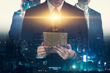 Business financial team concept and double exposure on city background