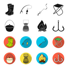 Catch, hook, mesh, caster .Fishing set collection icons in black,flet style vector symbol stock illustration web. © pandavector