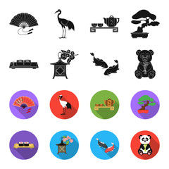 Sushi, koi fish, Japanese lantern, panda.Japan set collection icons in black,flet style vector symbol stock illustration web. © pandavector