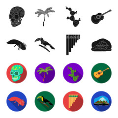 Sampono Mexican musical instrument, a bird with a long beak, Orizaba is the highest mountain in Mexico, axolotl is a rare animal. Mexico country set collection icons in black,flet style vector symbol © pandavector